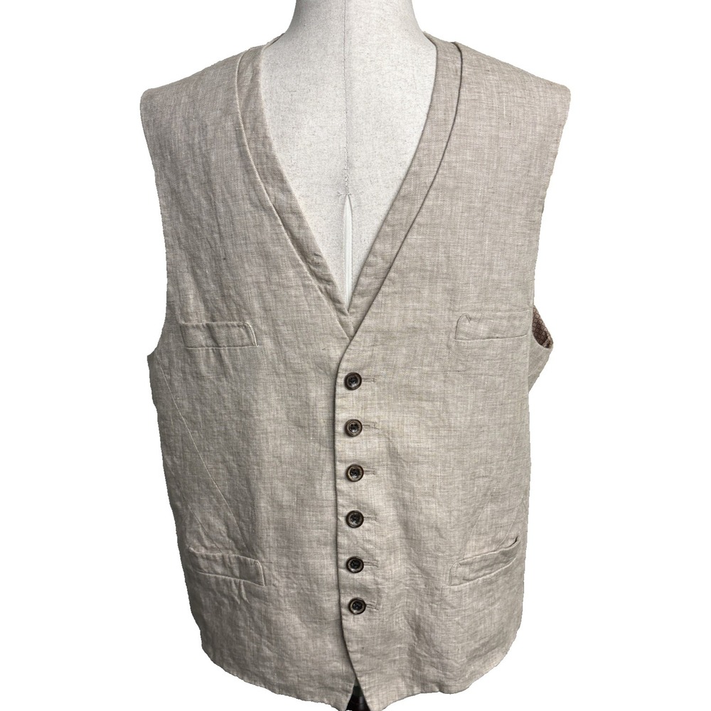 Baird McNutt Murano 100% Linen Vest Men Large Tan Classic Wedding Academia
